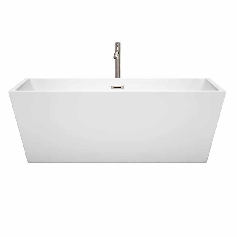 Wyndham Collection Sara 67 Inch Freestanding Acrylic White Bathtub With Brushed Nickel Trim Front View