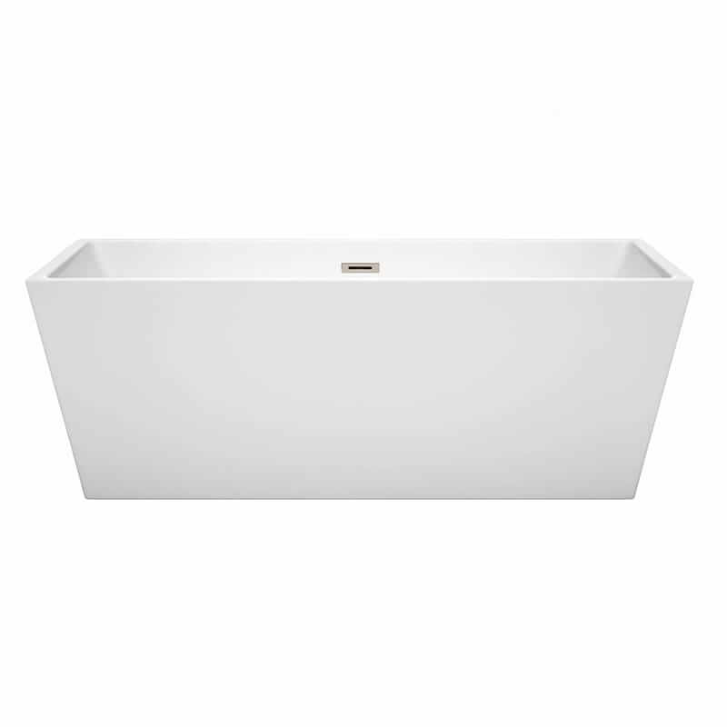 Wyndham Collection Sara 67 Inch Freestanding Acrylic White Bathtub With Brushed Nickel Trim No Faucet Front View