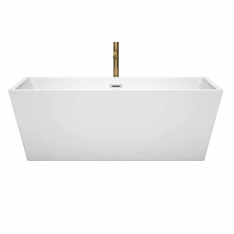 Wyndham Collection Sara 67 Inch Freestanding Acrylic White Bathtub With Polished Chrome Trim and Brushed Gold Faucet Front View