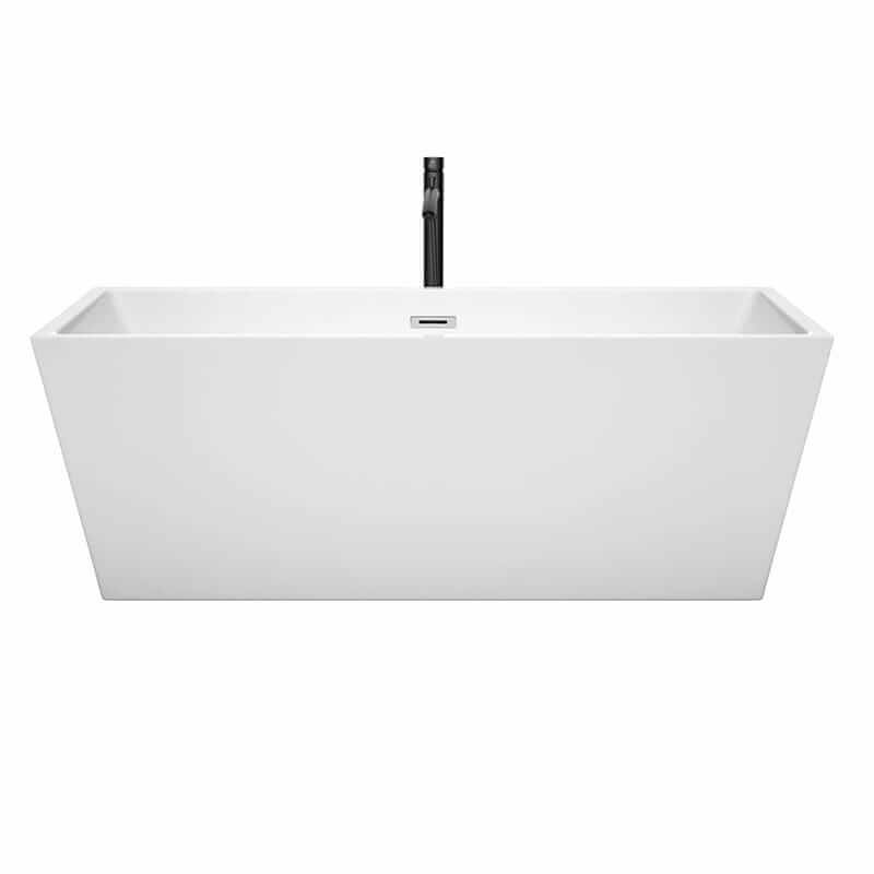 Wyndham Collection Sara 67 Inch Freestanding Acrylic White Bathtub With Polished Chrome Trim and Matte Black Faucet Front View