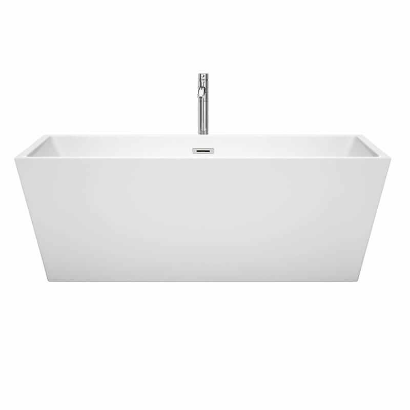 Wyndham Collection Sara 67 Inch Freestanding Acrylic White Bathtub With Polished Chrome Trim Front View