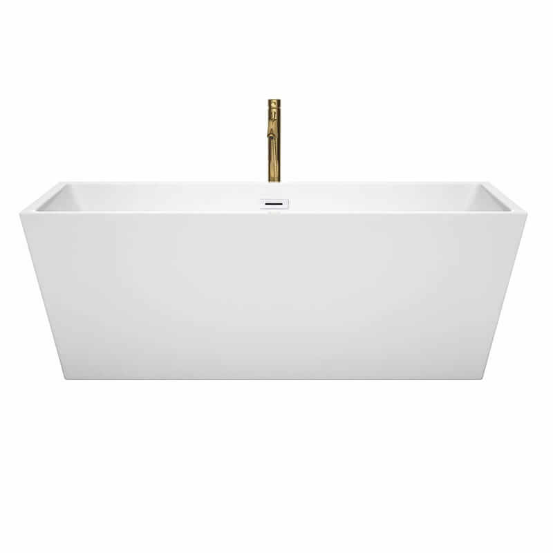 Wyndham Collection Sara 67 Inch Freestanding Acrylic White Bathtub With Shiny White Trim and Brushed Gold Faucet Front View