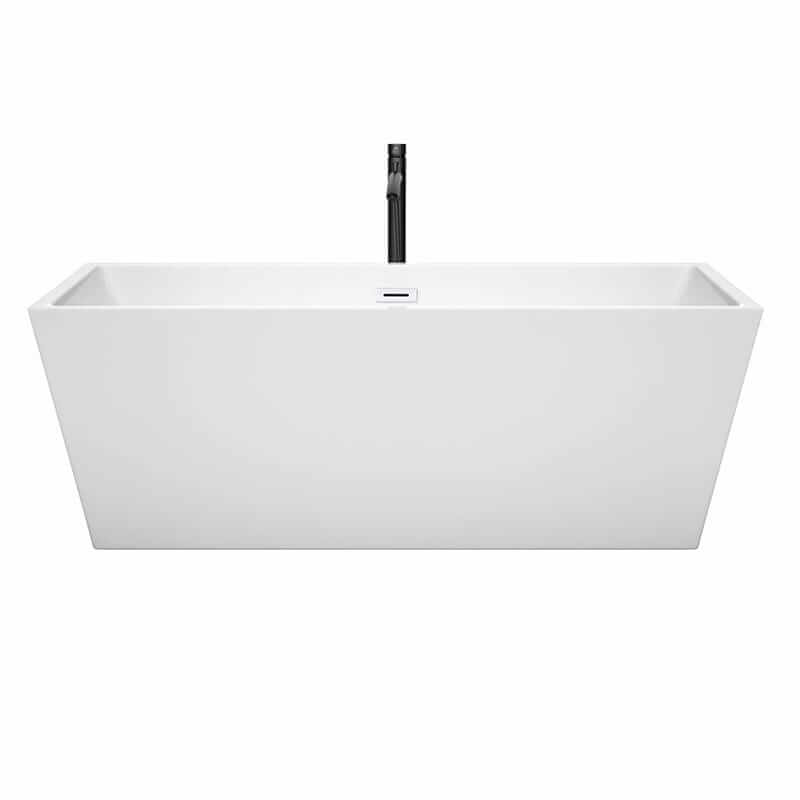 Wyndham Collection Sara 67 Inch Freestanding Acrylic White Bathtub With Shiny White Trim and Matte Black Faucet Front View