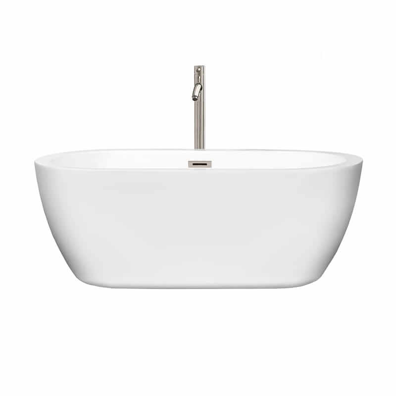 Wyndham Collection Soho 60 Inch Freestanding Acrylic White Bathtub With Brushed Nickel Trim Front View