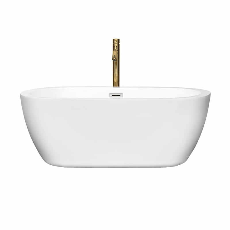 Wyndham Collection Soho 60 Inch Freestanding Acrylic White Bathtub With Polished Chrome Trim and Brushed Gold Faucet Front View