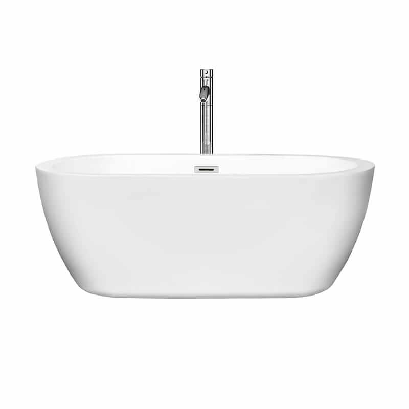 Wyndham Collection Soho 60 Inch Freestanding Acrylic White Bathtub With Polished Chrome Trim Front View