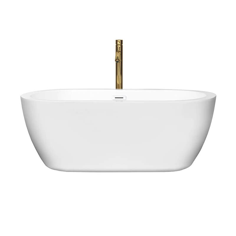 Wyndham Collection Soho 60 Inch Freestanding Acrylic White Bathtub With Shiny White Trim and Brushed Gold Faucet Front View