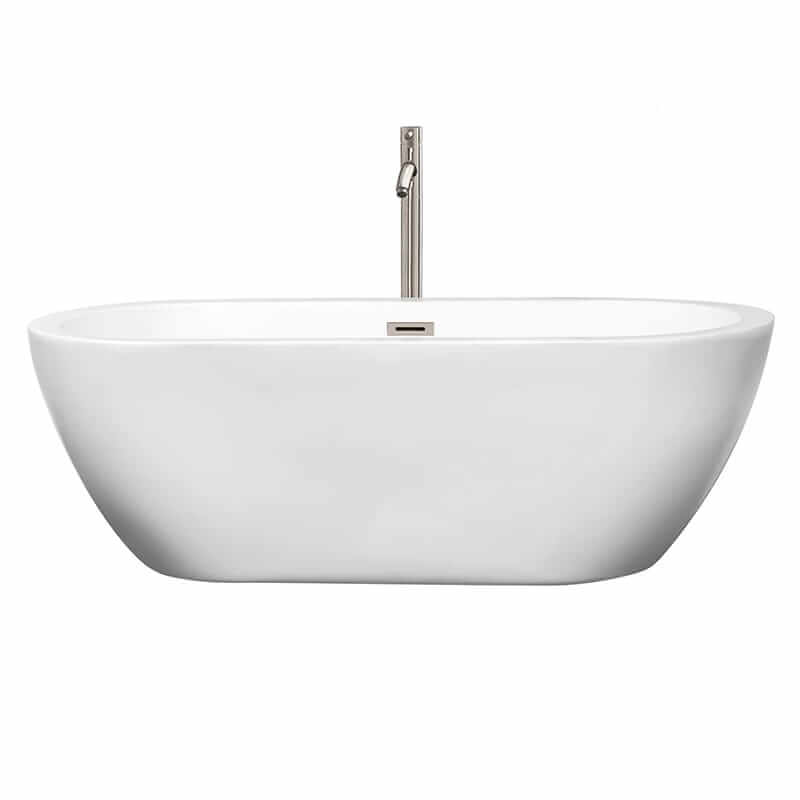 Wyndham Collection Soho 68 Inch Freestanding Acrylic White Bathtub With Brushed Nickel Trim Front View