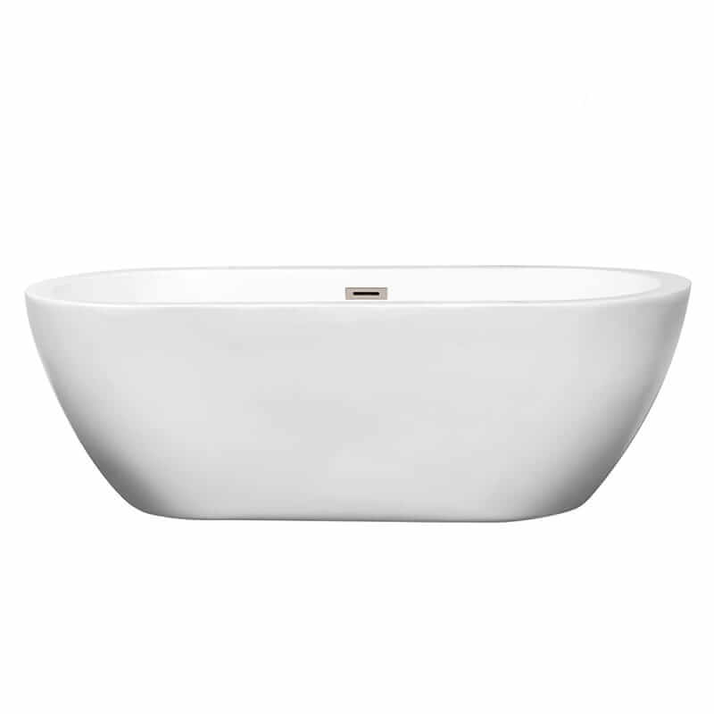 Wyndham Collection Soho 68 Inch Freestanding Acrylic White Bathtub With Brushed Nickel Trim No Faucet Front View