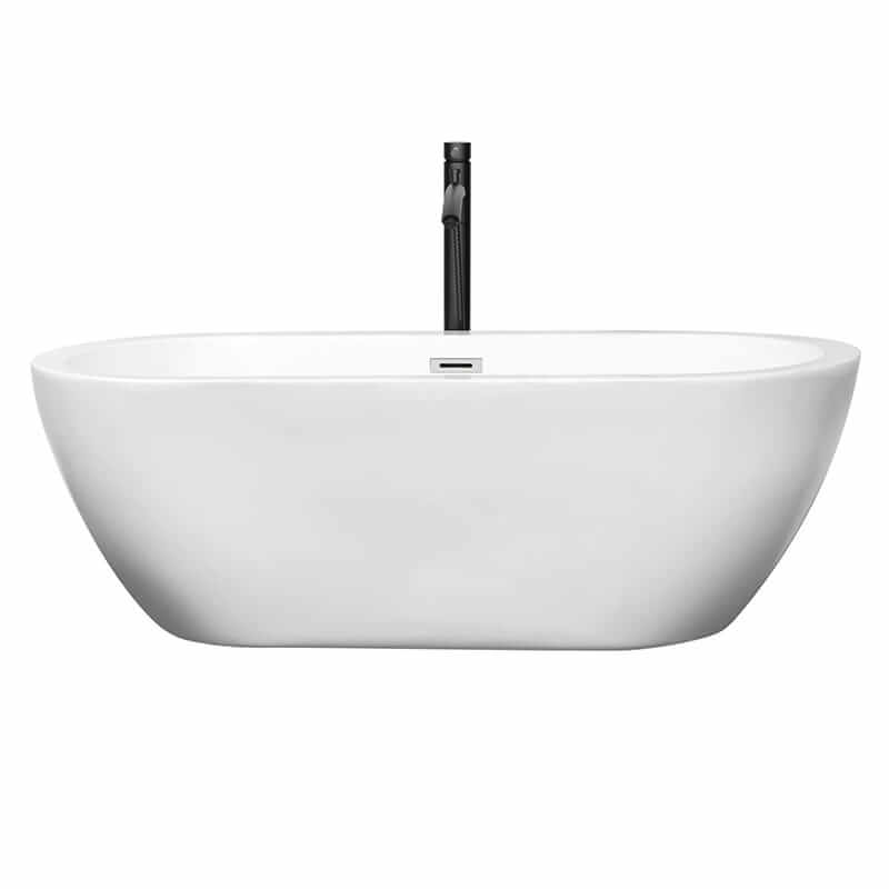 Wyndham Collection Soho 68 Inch Freestanding Acrylic White Bathtub With Polished Chrome Trim and Matte Black Faucet Front View
