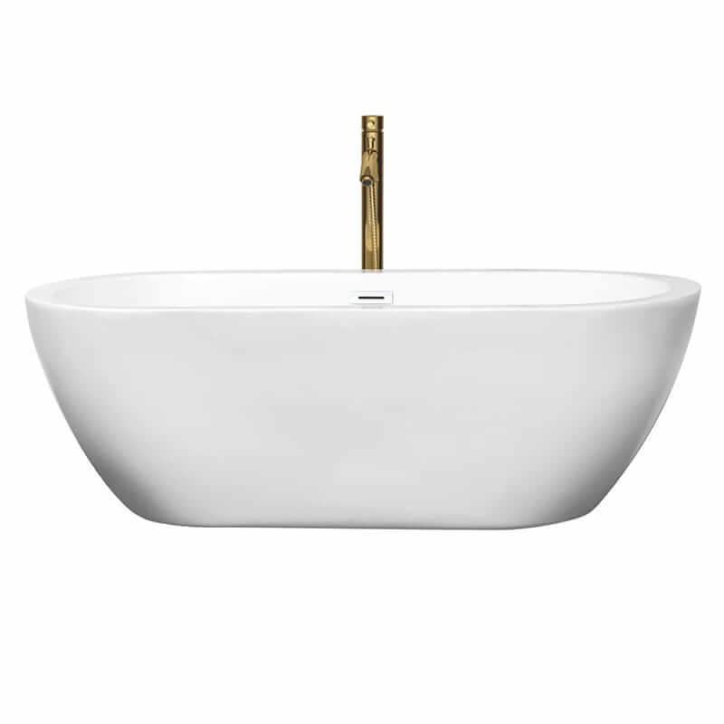 Wyndham Collection Soho 68 Inch Freestanding Acrylic White Bathtub With Shiny White Trim and Brushed Gold Faucet Front View