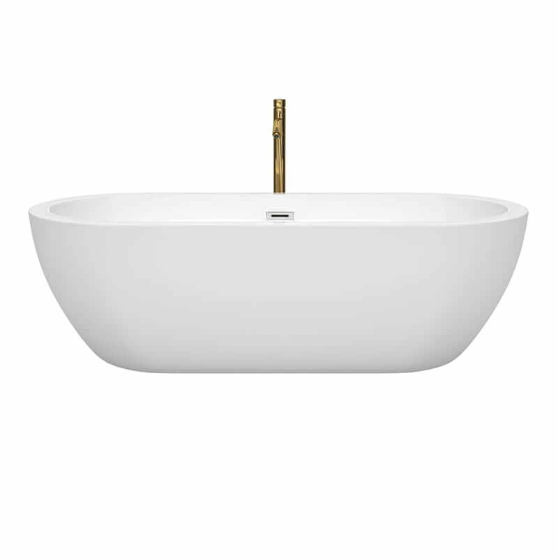Wyndham Collection Soho 72 Inch Freestanding Acrylic White Bathtub With Polished Chrome Trim and Brushed Gold Faucet Front View