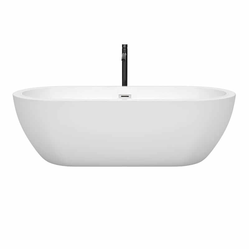 Wyndham Collection Soho 72 Inch Freestanding Acrylic White Bathtub With Polished Chrome Trim and Matte Black Faucet Front View