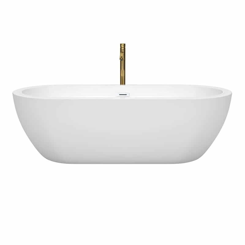 Wyndham Collection Soho 72 Inch Freestanding Acrylic White Bathtub With Shiny White Trim and Brushed Gold Faucet Front View