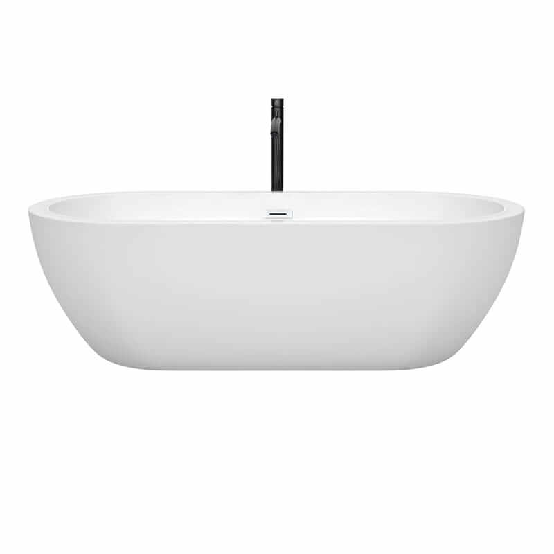 Wyndham Collection Soho 72 Inch Freestanding Acrylic White Bathtub With Shiny White Trim and Matte Black Faucet Front View