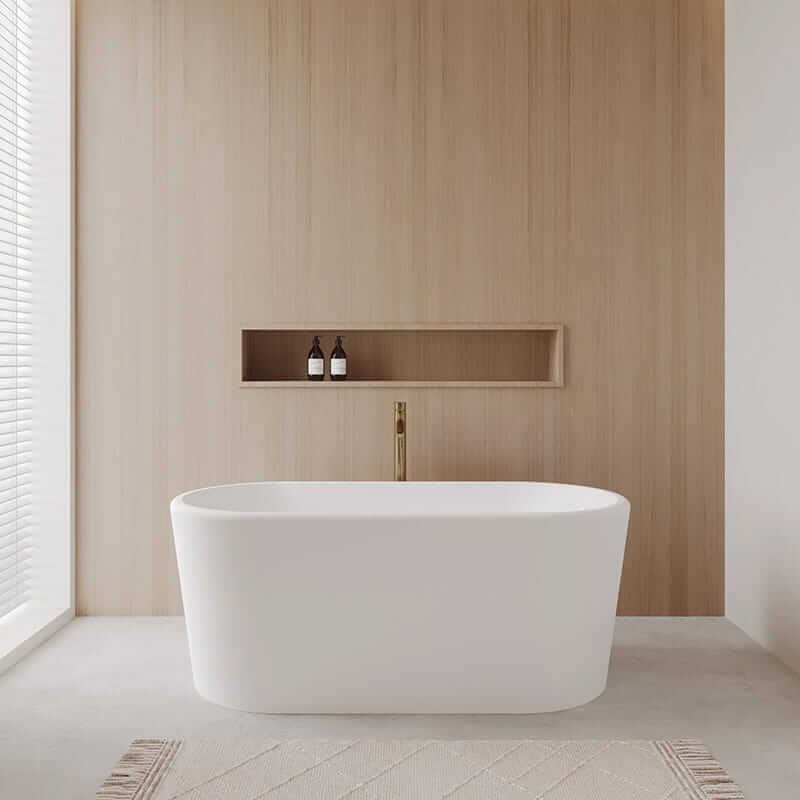 Wyndham Collection Ursula 59" Freestanding Acrylic Matte White Bathtub Polished Chrome Trim and Brushed Gold Faucet Lifestyle