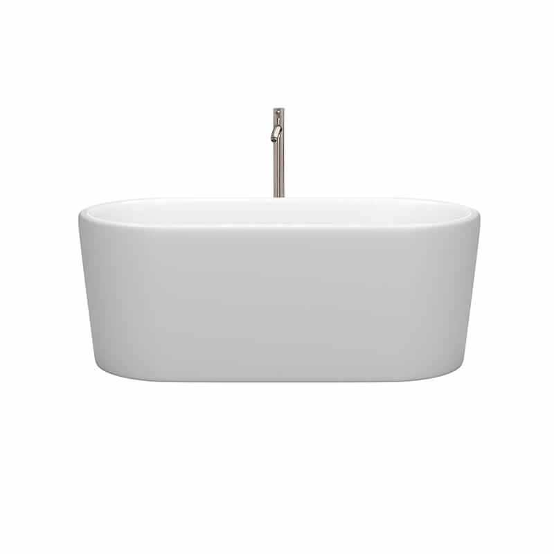 Wyndham Collection Ursula 59 Inch Freestanding Acrylic Matte White Bathtub With Brushed Nickel Trim Front View