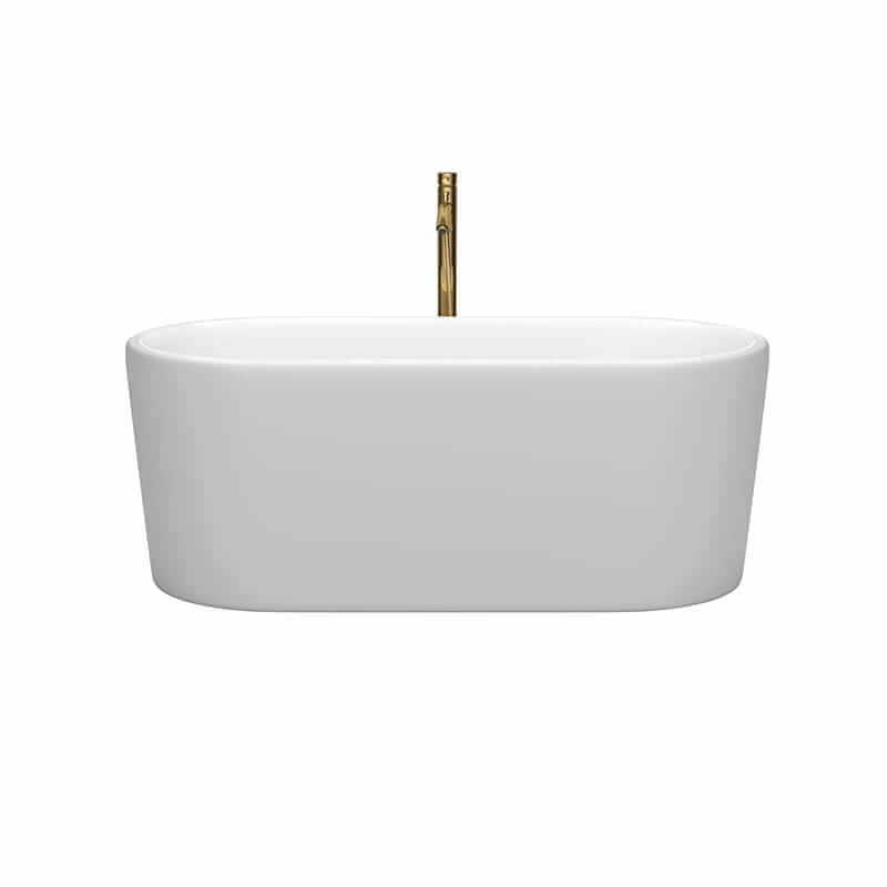 Wyndham Collection Ursula 59 Inch Freestanding Acrylic Matte White Bathtub With Shiny White Trim and Brushed Gold Faucet Front View