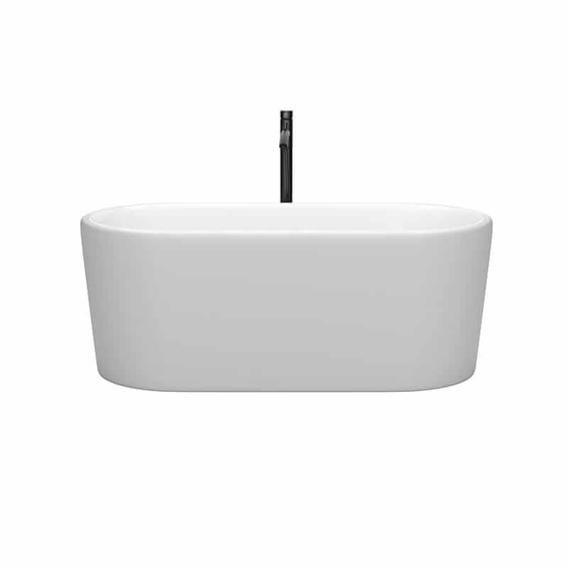 Wyndham Collection Ursula 59 Inch Freestanding Acrylic Matte White Bathtub With Shiny White Trim and Matte Black Faucet Front View