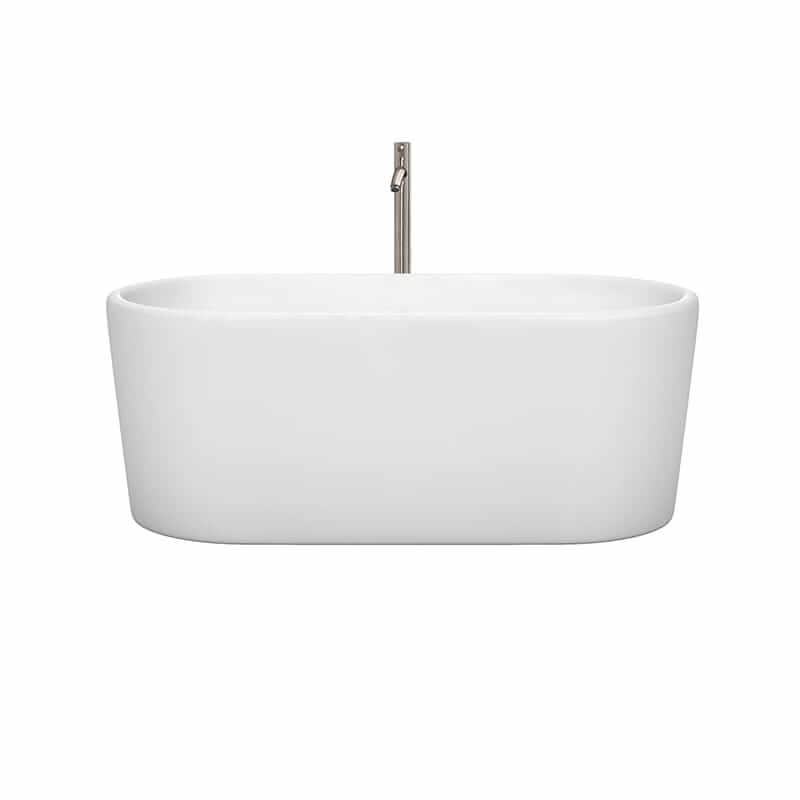 Wyndham Collection Ursula 59 Inch Freestanding Acrylic White Bathtub With Brushed Nickel Trim With Faucet Front View