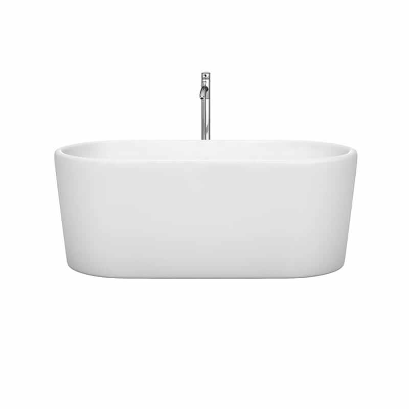 Wyndham Collection Ursula 59 Inch Freestanding Acrylic White Bathtub With Polished Chrome Trim Front View