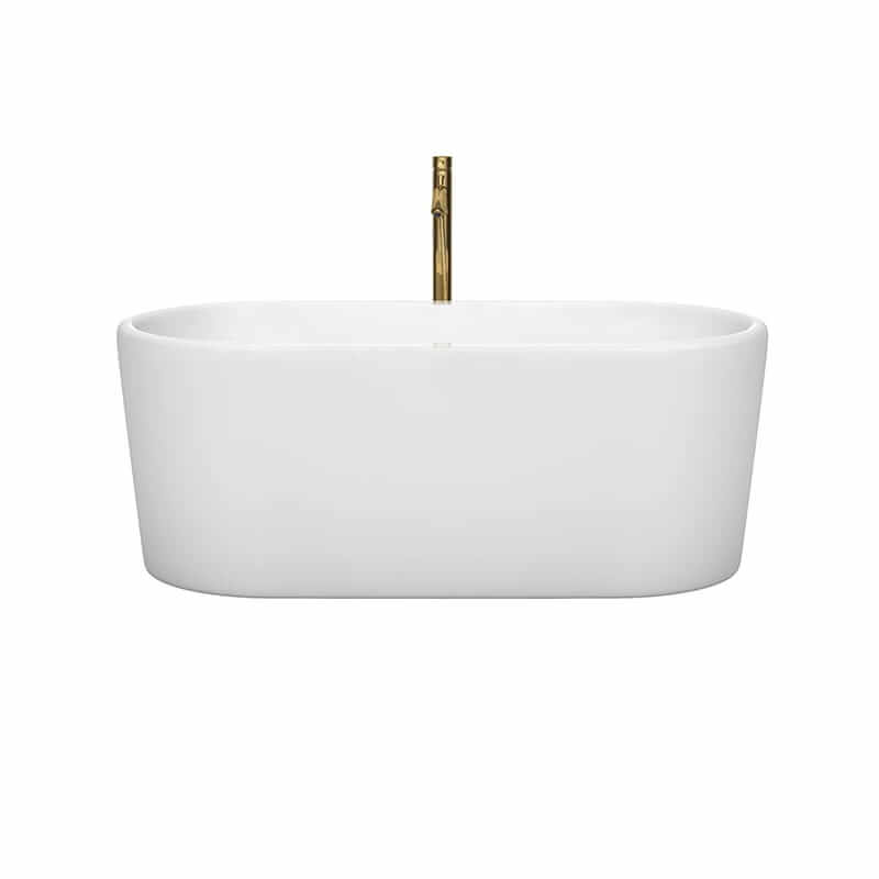 Wyndham Collection Ursula 59 Inch Freestanding Acrylic White Bathtub With Shiny White Trim and Brushed Gold Faucet Front View
