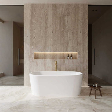 Wyndham Collection Ursula 67" Freestanding Acrylic White Bathtub With Polished Chrome Trim and Brushed Gold Faucet Lifestyle