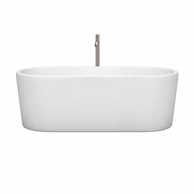 Wyndham Collection Ursula 67 Inch Freestanding Acrylic White Bathtub With Brushed Nickel Trim Front View