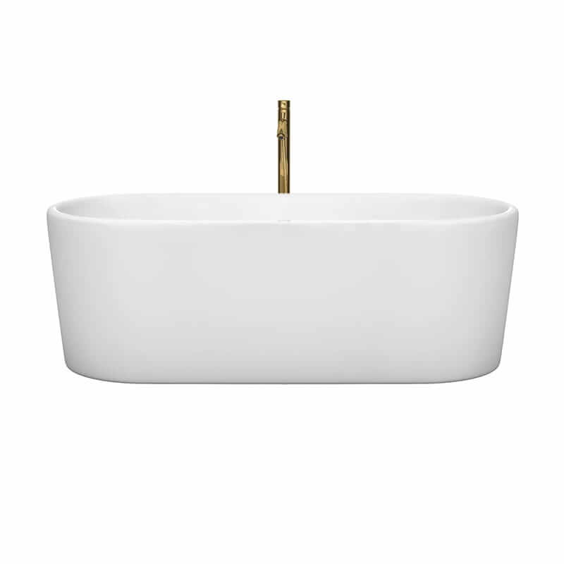 Wyndham Collection Ursula 67 Inch Freestanding Acrylic White Bathtub With Shiny White Trim and Brushed Gold Faucet Front View