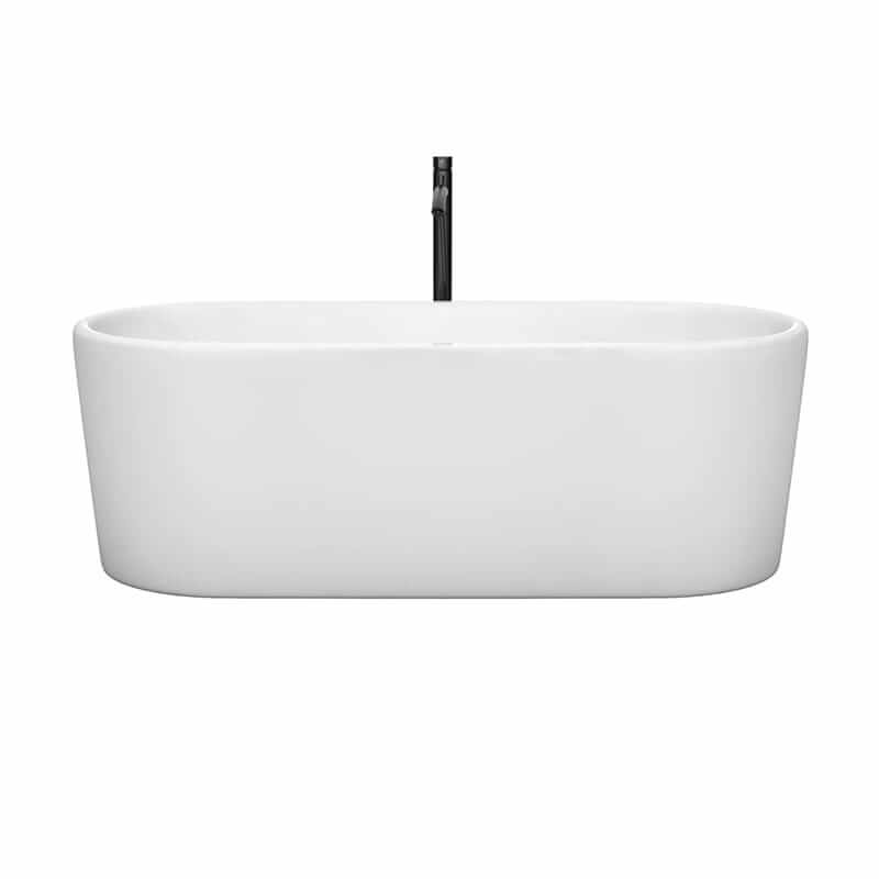 Wyndham Collection Ursula 67 Inch Freestanding Acrylic White Bathtub With Shiny White Trim and Matte Black Faucet Front View