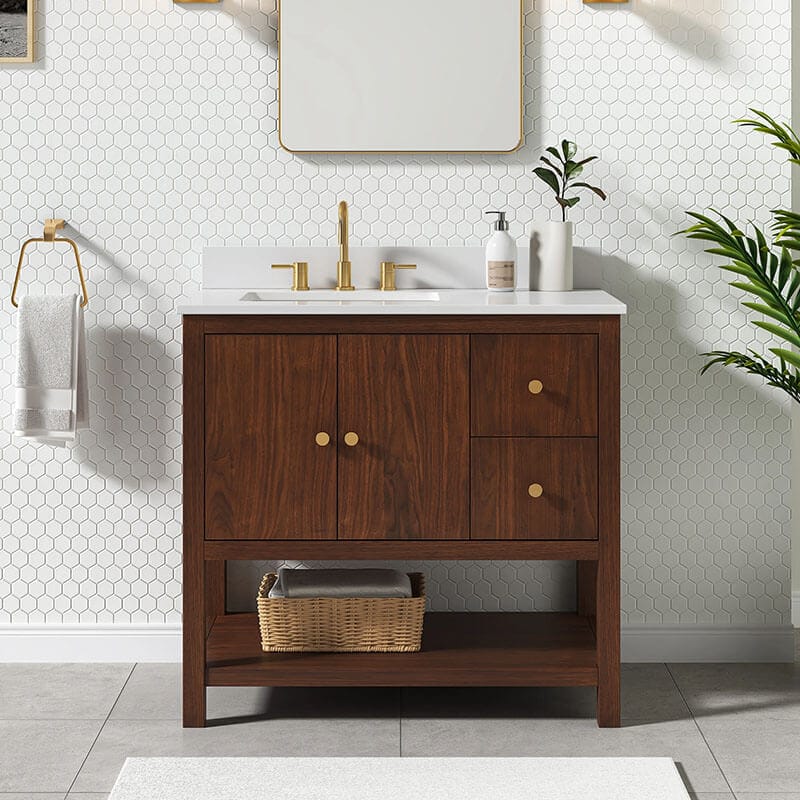 Zoe 36 Single Sink Bathroom Vanity Walnut in White Quartz Front View