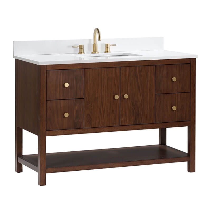 Zoe 48 inch Single Sink Bathroom Vanity Walnut in White Quartz Corner View