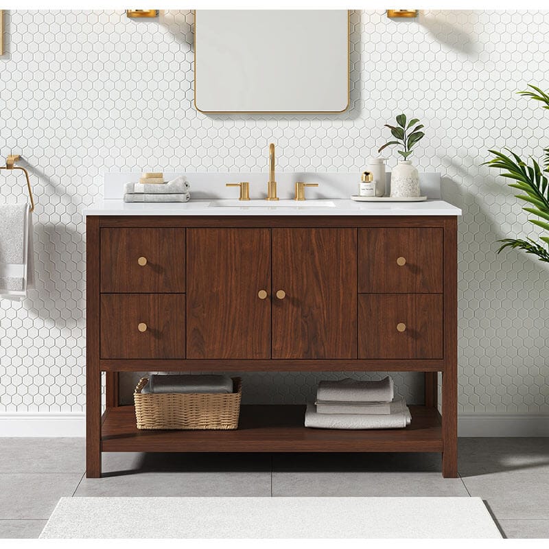 Zoe 48 Single Sink Bathroom Vanity Walnut in White Quartz Front View