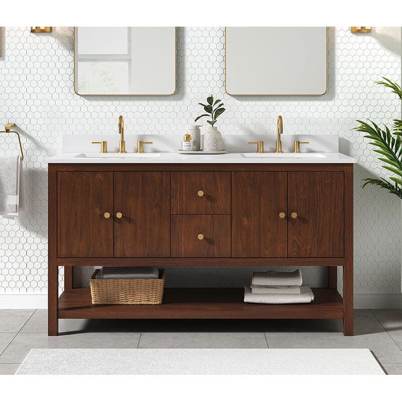 Zoe 60 Double Sink Bathroom Vanity Walnut in White Quartz Front View