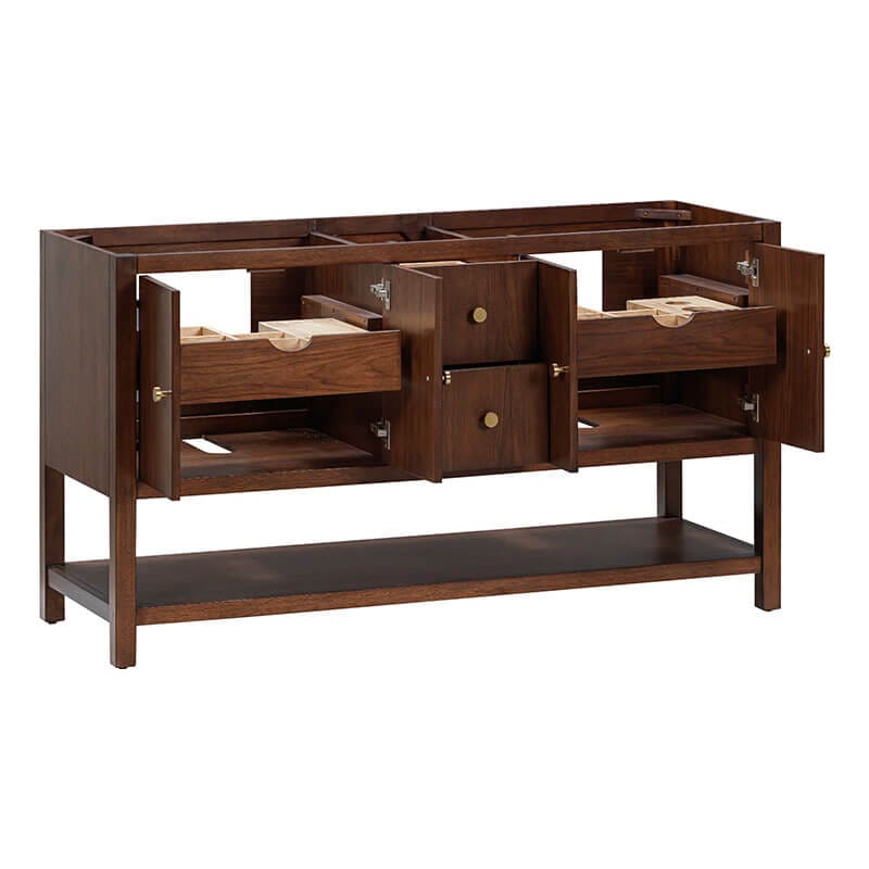 Zoe 60 inch Double Sink Bathroom Vanity Walnut Cabinet Only Open