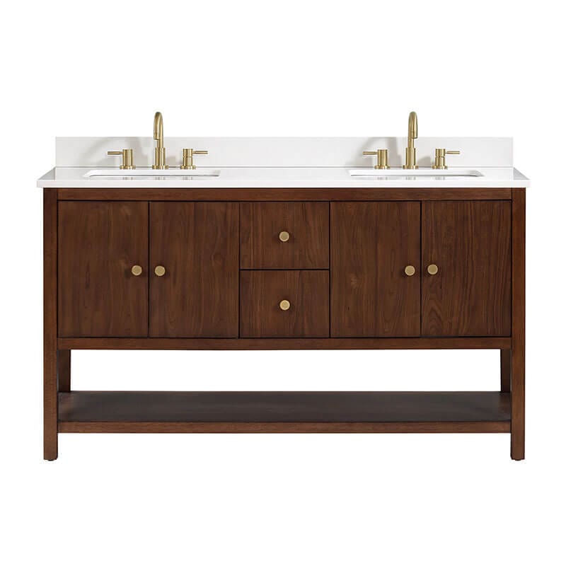 Zoe 60 inch Double Sink Bathroom Vanity Walnut in White Quartz Front View